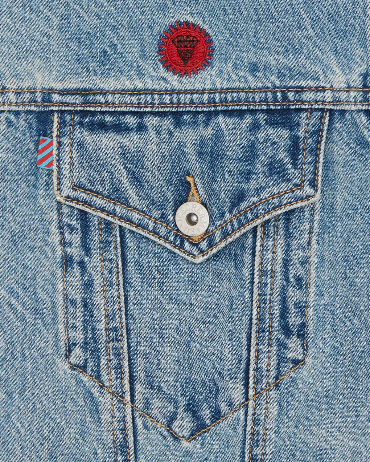 CHECK LINED DENIM TRUCKER JACKET VINTAGE WASH BLUE